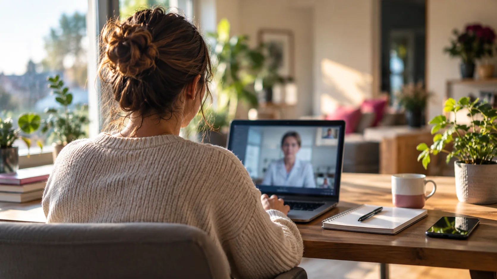 Patiënt van achteren gefotografeerd tijdens een videogesprek met een zorgprofessional